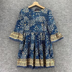 Anouk Dress Women S Small Blue Geometric Shift Short Cotton Tasseled Long Sleeve